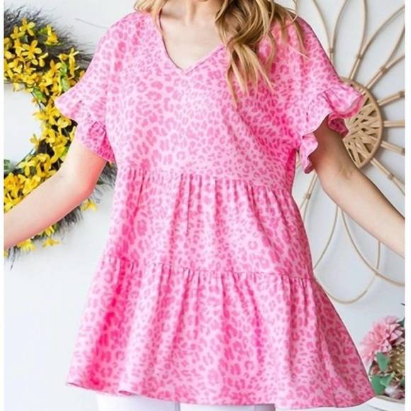 NEW HEIMISH USA leopard tiered short sleeve top in pink - Picture 5 of 6